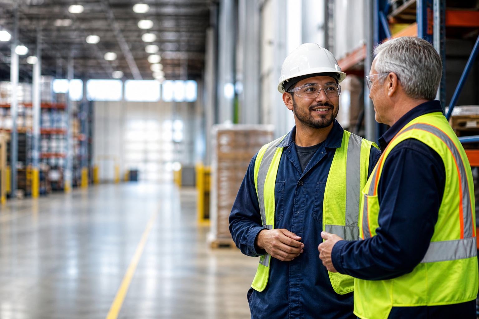 Skilled immigrant worker talking with a supervisor in a Canadian warehouse