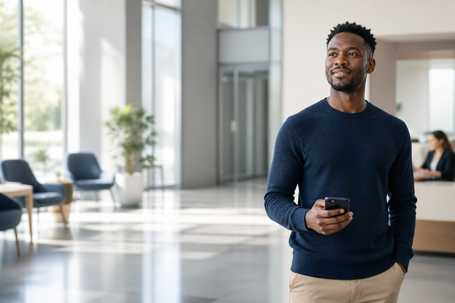 Confident newcomer in a modern settlement and employment centre