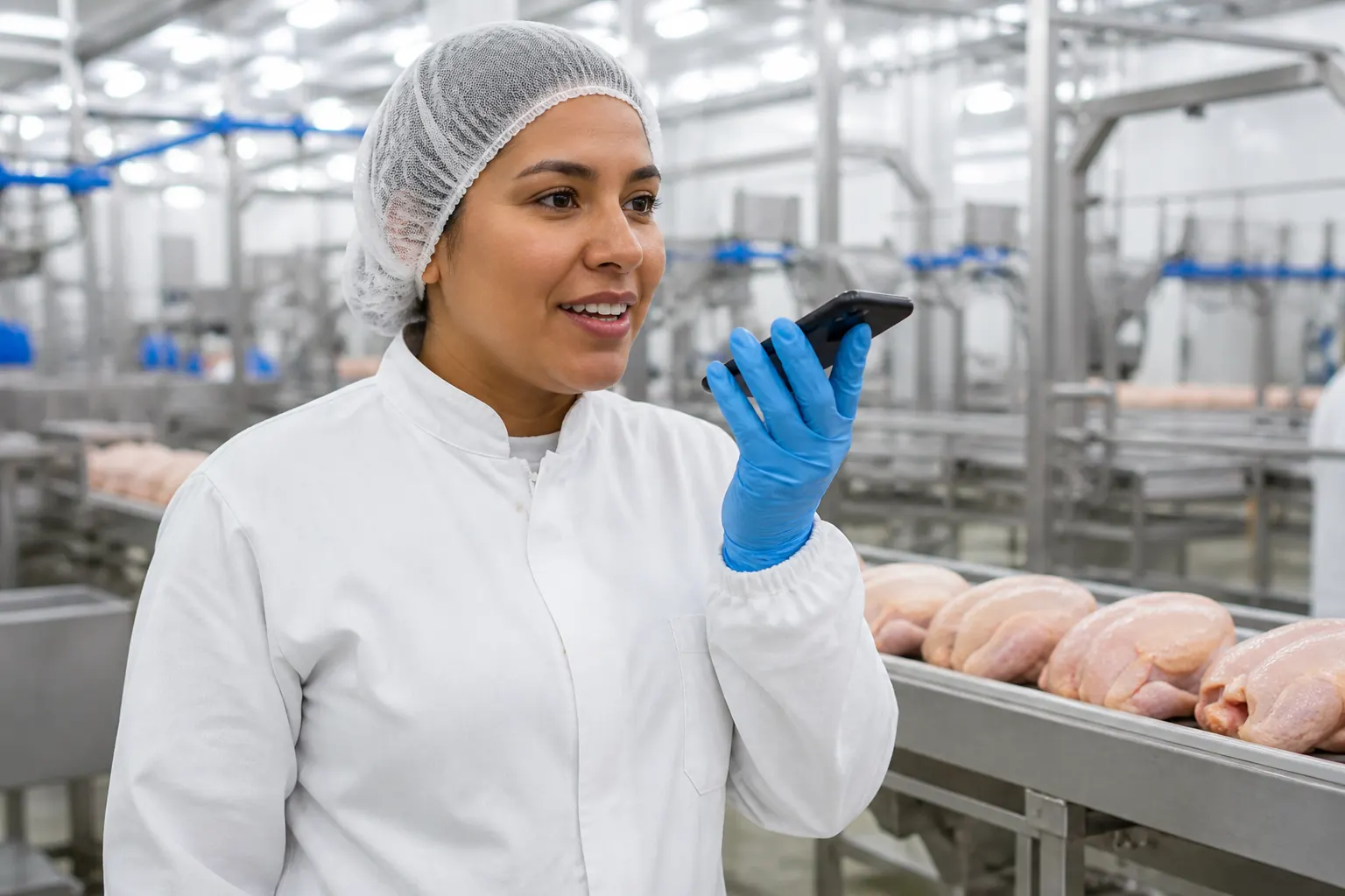 Supervisor and line workers on a poultry processing floor during shift