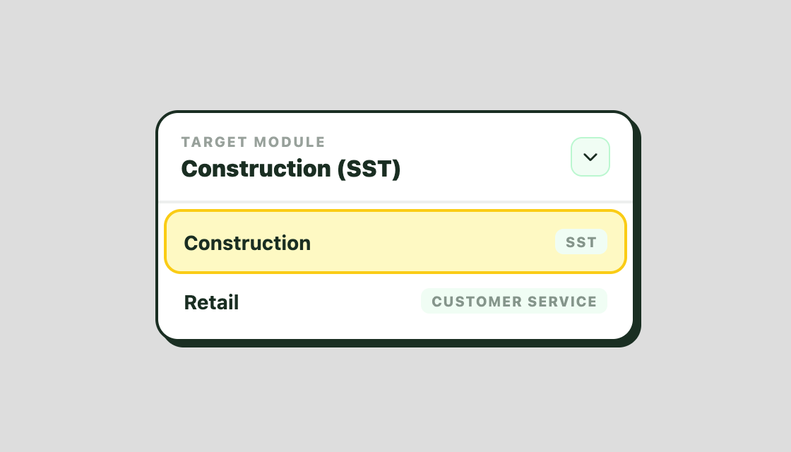 Micro-UI: Select Module dropdown (Construction SST / Retail)