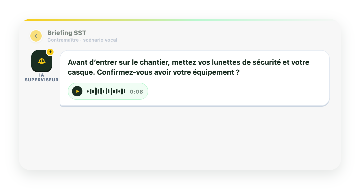 Micro-UI: AI scenario prompt — “Put on your safety glasses…”