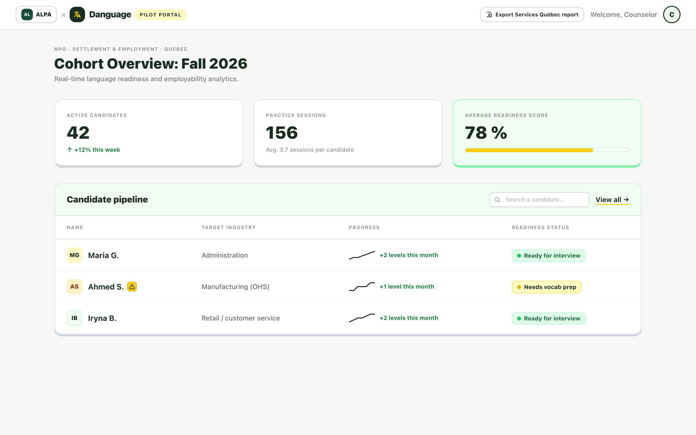 Counselor dashboard with candidate pipeline, readiness scores, and Export Services Québec report